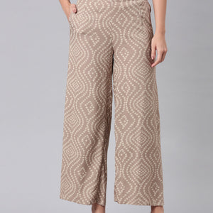 Women Beige Woven Viscose Mid Rise Printed Palazzo