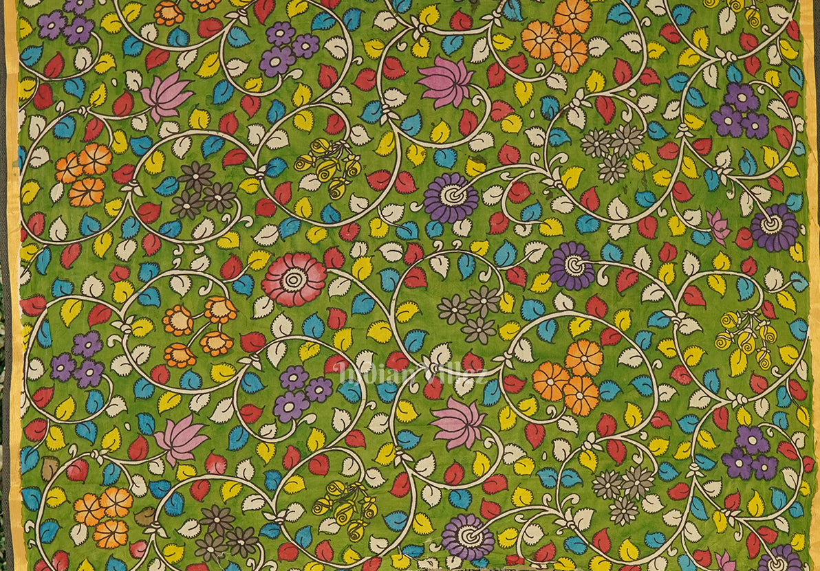 Off White Hand-Painted Natural Dye Cotton Kalamkari Saree