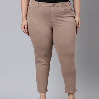 Women Solid Light Chocolate Mid Rise Cropped Jeggings