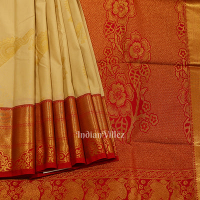 Cream Red Bridal Brocade Kanjivaram Silk Saree