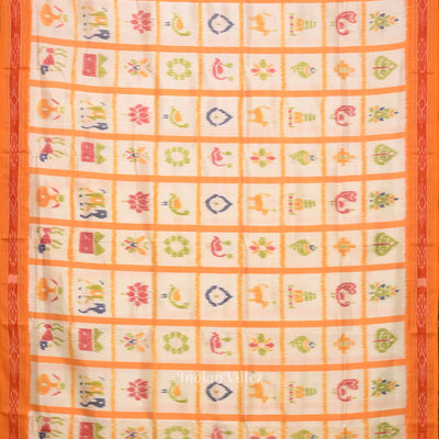 White Yellow Nabakothi Odisha Ikat Khandua Silk Saree with Nartaki Anchal