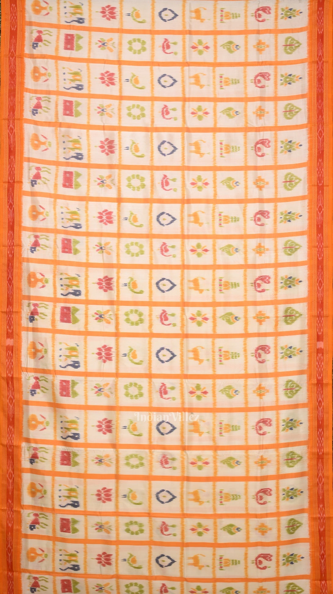 White Yellow Nabakothi Odisha Ikat Khandua Silk Saree with Nartaki Anchal