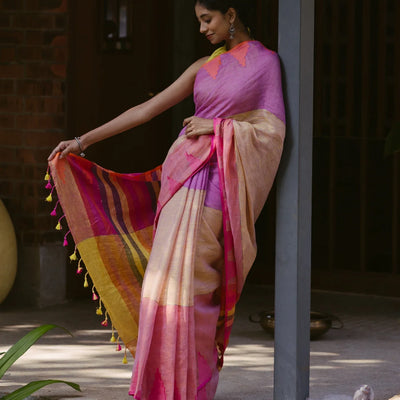 Multi-colour Muppagam Handloom Linen saree with Temple Border