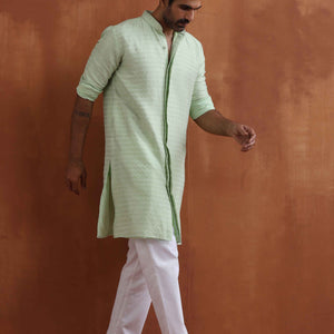 trueBrowns Men's Green Sequin Chanderi Kurta