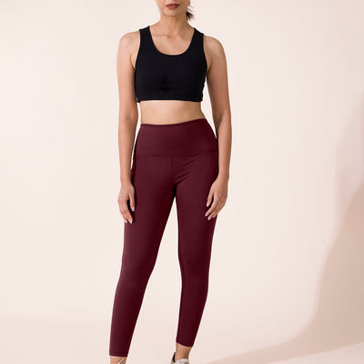 Women Solid Maroon Nylon Fitness Tights