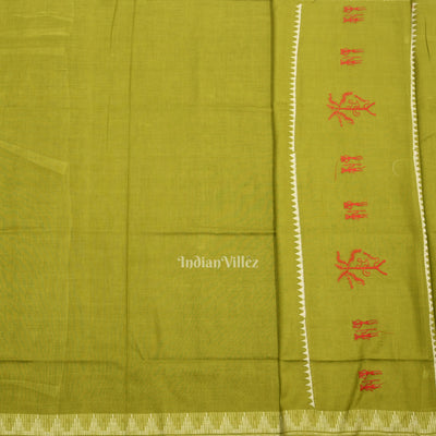 Red Parrot green Tribal Design Sambalpuri Cotton Dress set with Dupatta