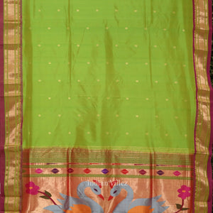 Exclusive Parrot Green Pink Butti Paithani Silk Saree