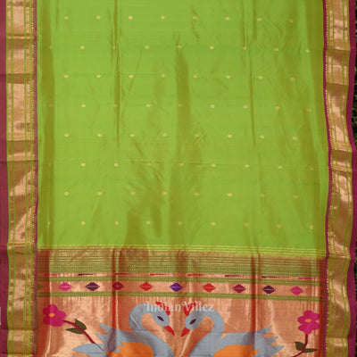 Exclusive Parrot Green Pink Butti Paithani Silk Saree