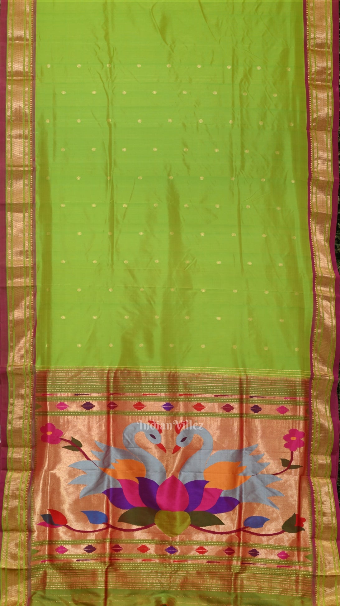 Exclusive Parrot Green Pink Butti Paithani Silk Saree
