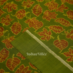 Green Autumn Leaves Motif Sambalpuri Ikat Cotton Fabric