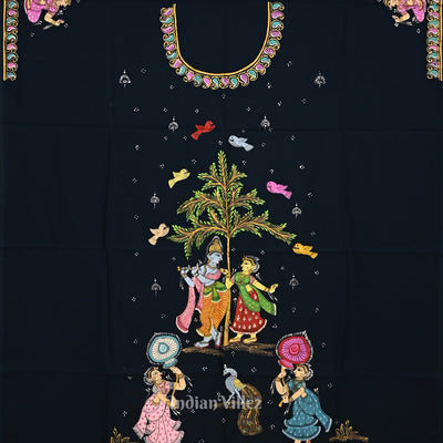 Castleton Green Rasleela Theme Hand-Painted Pattachitra Kurti Cotton Dress Material
