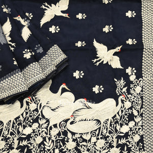 Navy Blue Parsi Gara Floral Motif Hand Embroidered Saree