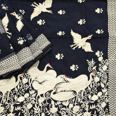 Navy Blue Parsi Gara Floral Motif Hand Embroidered Saree