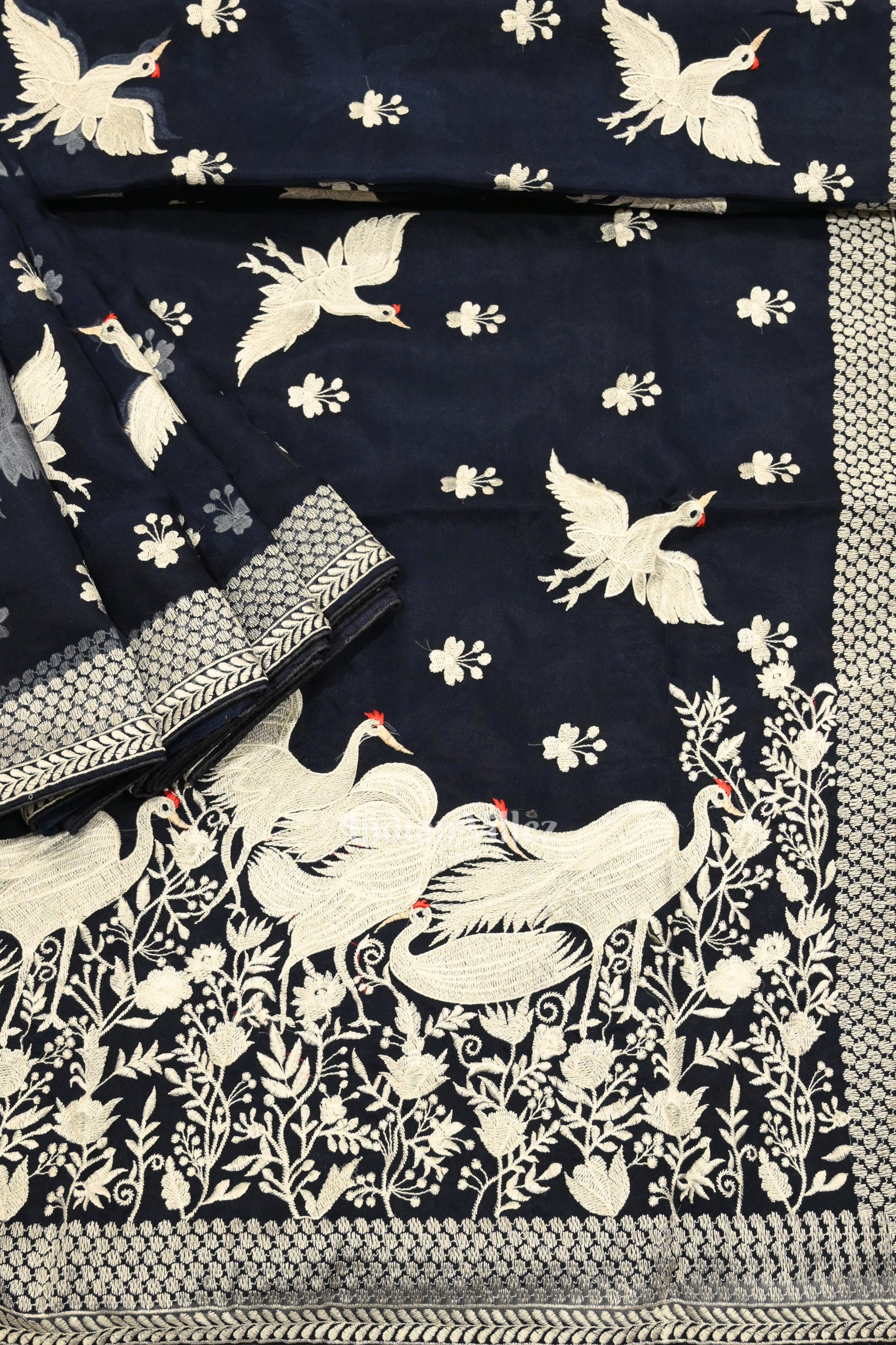 Navy Blue Parsi Gara Floral Motif Hand Embroidered Saree