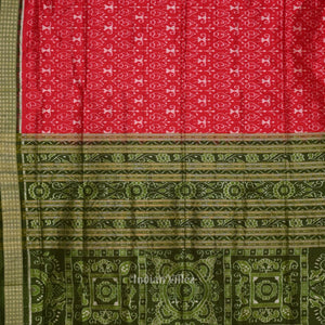 Cherry Red With Mehendi Tribal Theme Sambalpuri Silk Saree