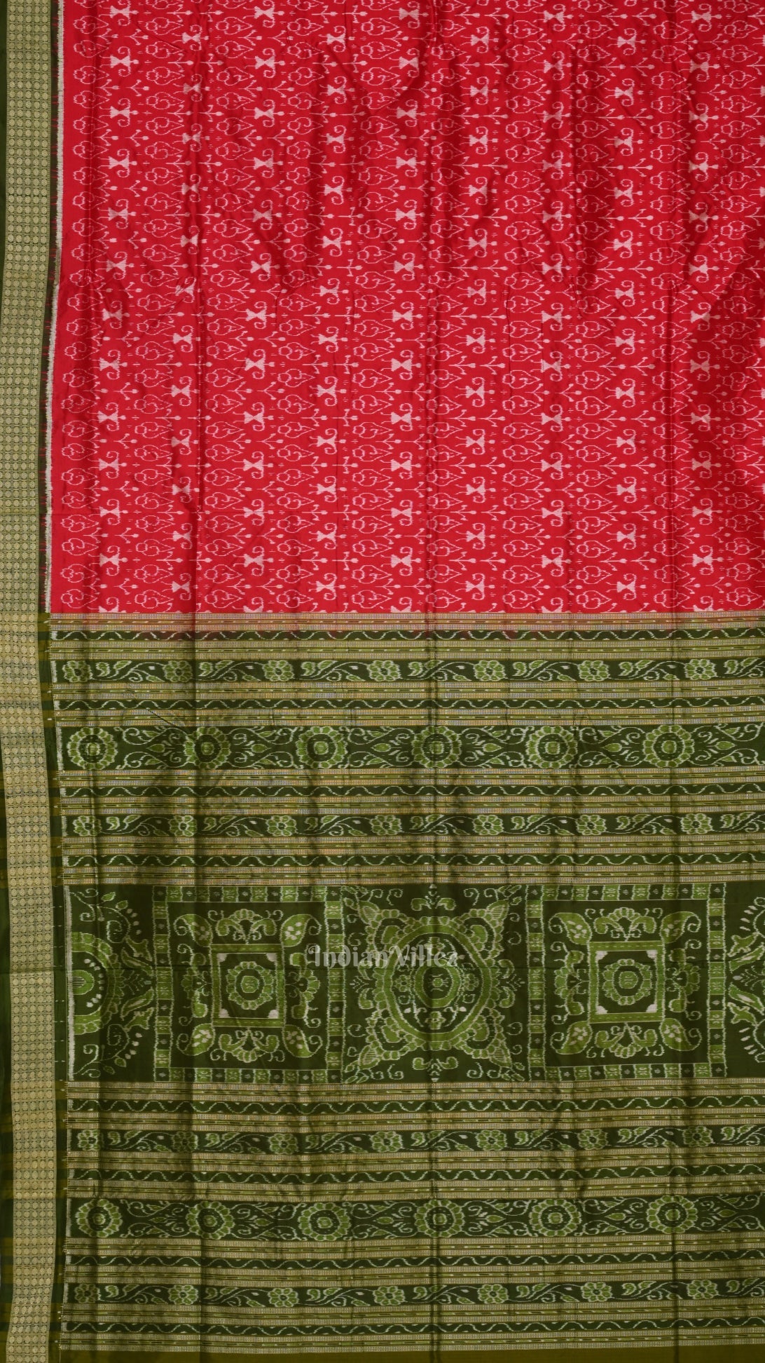 Cherry Red With Mehendi Tribal Theme Sambalpuri Silk Saree