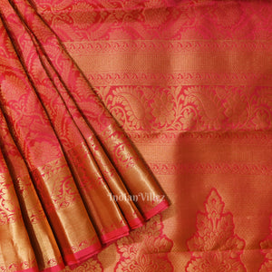 Hot Pink pure Kanjivaram Silk Saree with  Zari Brocade
