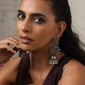 trueBrowns Silver Tone Floral Jhumka Earrings