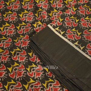 Black Floral Motif Sambalpuri Ikat Cotton Fabric