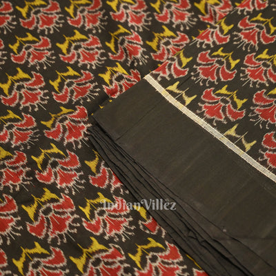 Black Floral Motif Sambalpuri Ikat Cotton Fabric