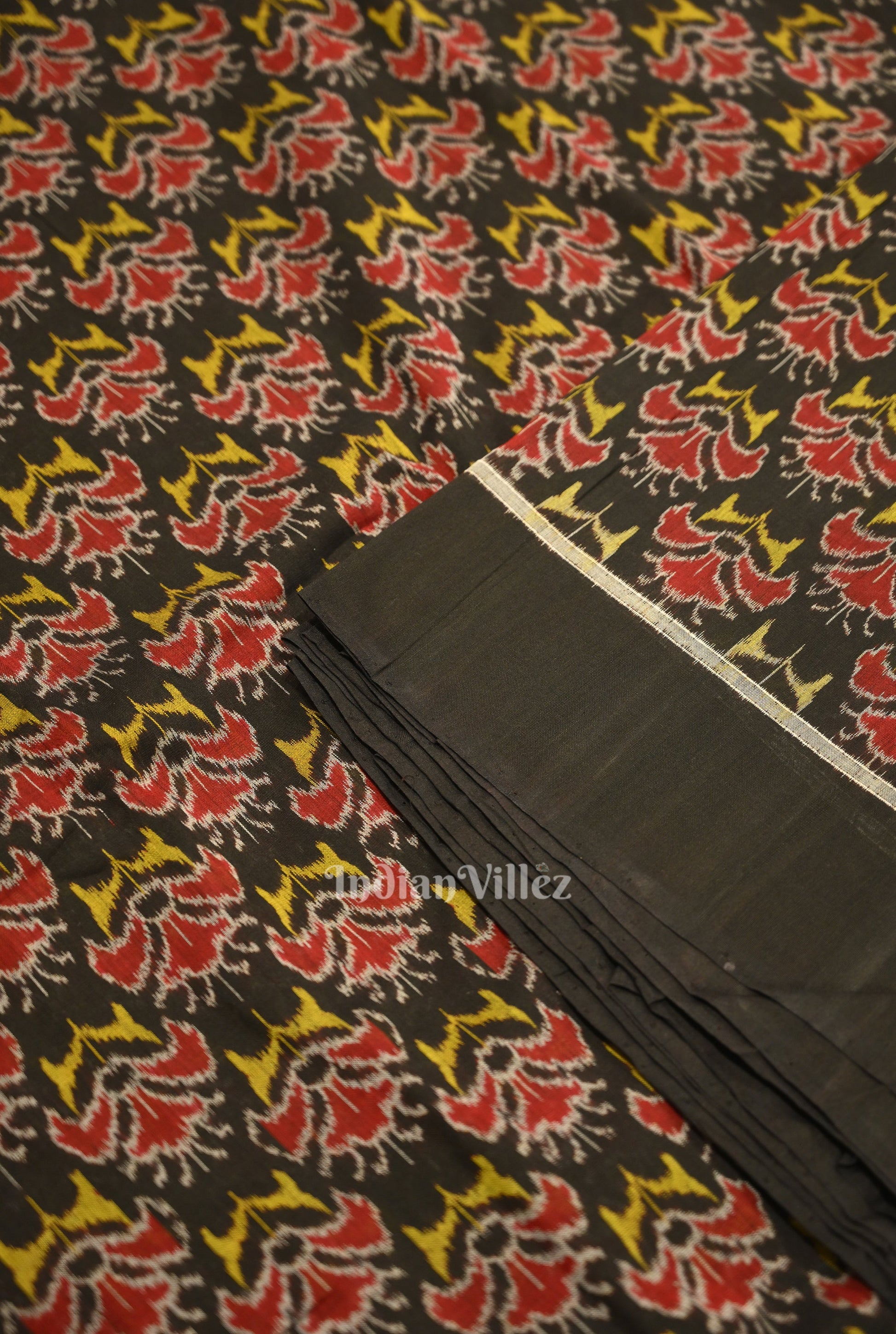 Black Floral Motif Sambalpuri Ikat Cotton Fabric
