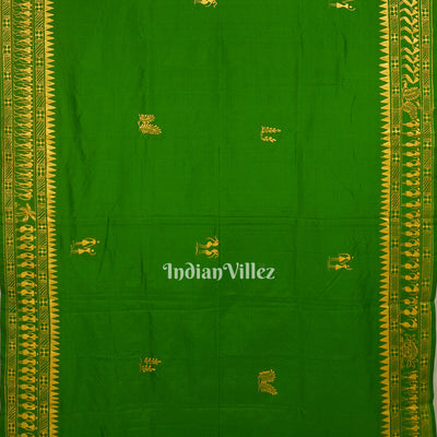 Parrot Green Dual Tone Tribal Themed Hand-Painted Pattachitra Saree