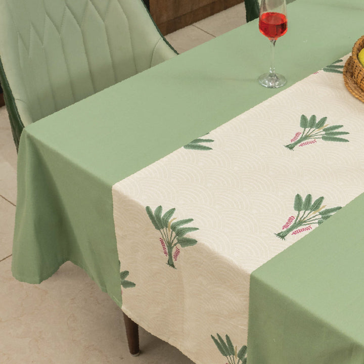 100% Cotton Dining Table Cover, Table Cloth with Panelled design - Palm Lagoon Green