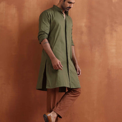 trueBrowns Men's Olive Green Cotton Front Open Kurta
