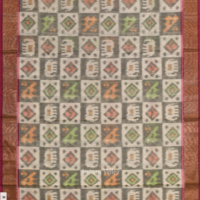 White with Multicolor Pochampally Ikat Sico (Silk & Cotton) Saree with Zari Border