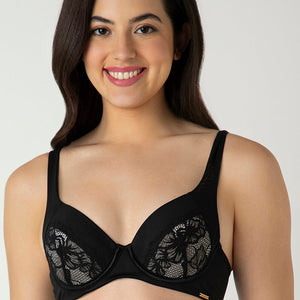 Glam Padded Non-Wired Plunge Bra - Black