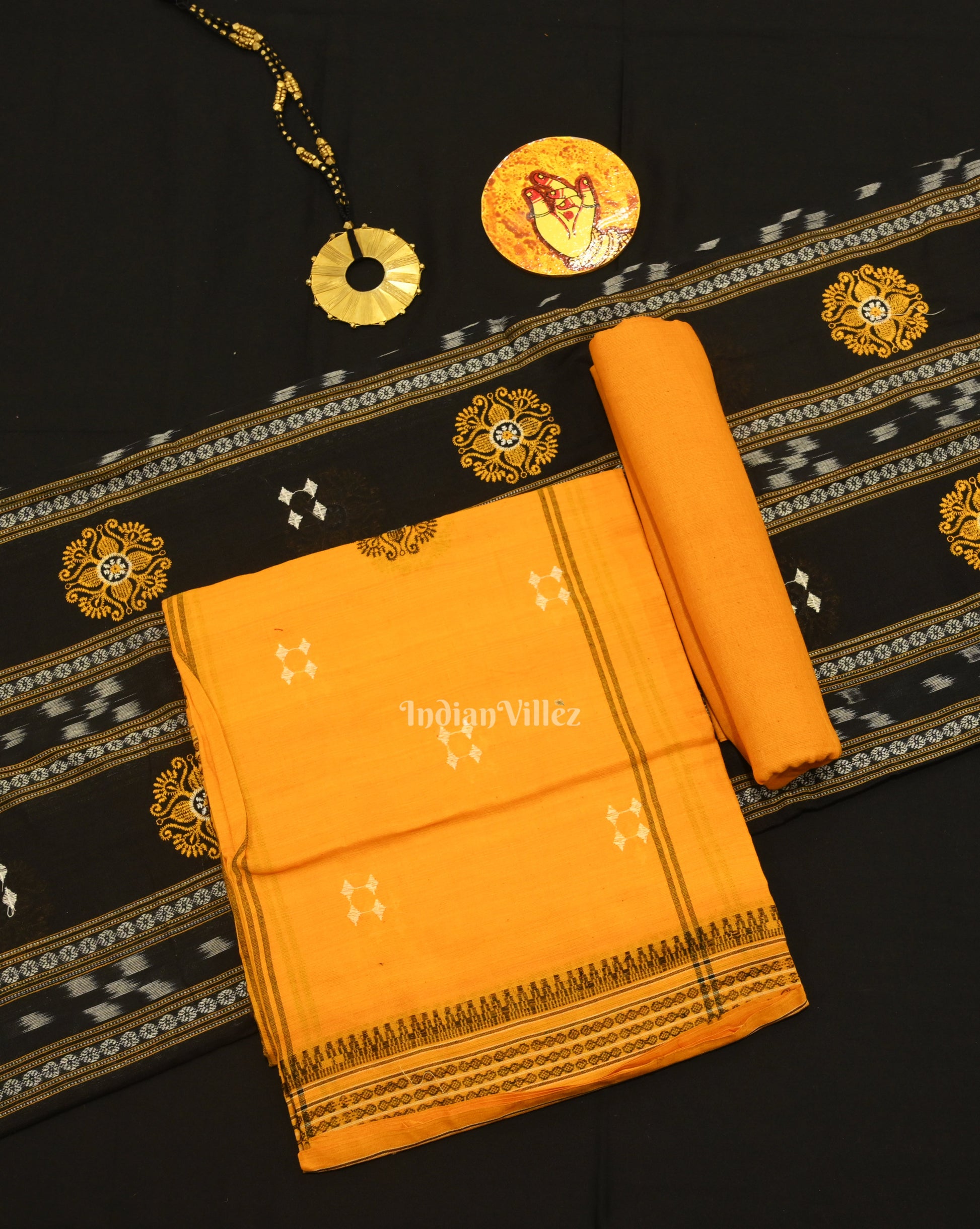 Black yellow Sambalpuri Bomkai Cotton Dress set with Dupatta