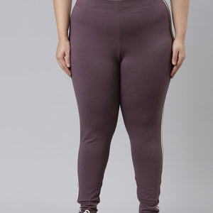 Women Purple Cotton Side Stripe Active Leggings