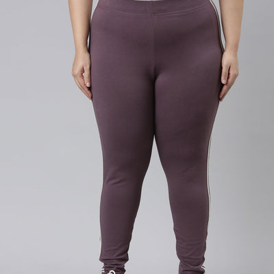 Women Purple Cotton Side Stripe Active Leggings
