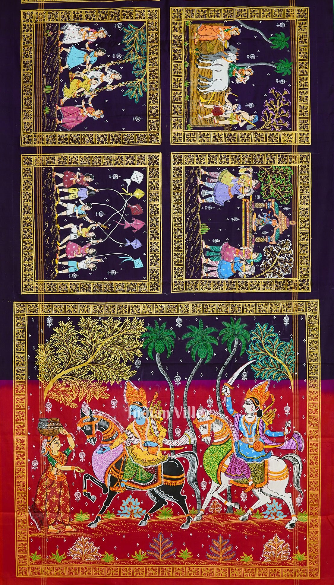 Blackberry Hindu Festival Hand-Painted Pattachitra Saree