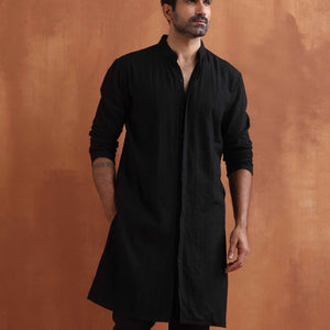 trueBrowns Men's Black Textured Cotton Dobby Front Open Kurta