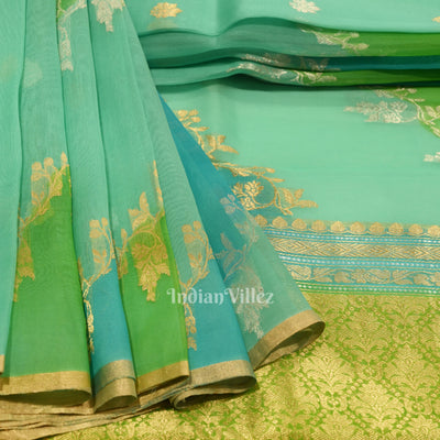 Surf Blue with Green Kora Organza Banarasi Saree