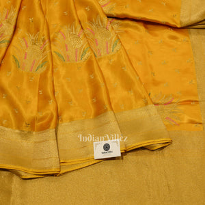 Authentic Mustard Yellow with Golden Broder Mashru Satin Silk Banarasi Saree