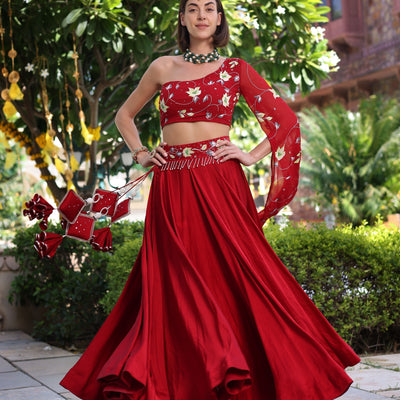 Rutvi Red Handpainted Satin Lehenga Set