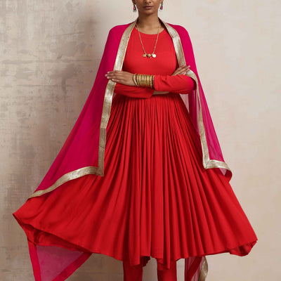 trueBrowns Red Crinkle Anarkali Kurta Pant Dupatta Set