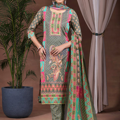 Grey Printed Poly Crepe Straight Suit With Dupatta