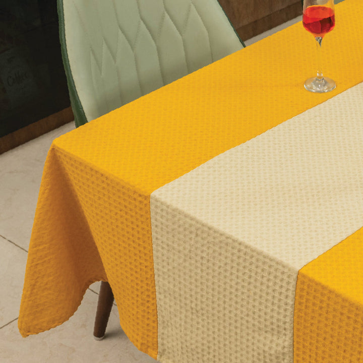 100% Cotton Waffle Weave Dining Table Cover, Table Cloth with Panelled design - Mustard & Beige