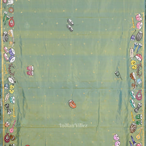 Parrot Green Dual Tone Sitar Instrument Hand-Painted Pattachitra Saree