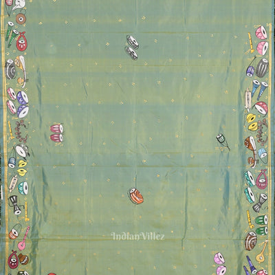 Parrot Green Dual Tone Sitar Instrument Hand-Painted Pattachitra Saree