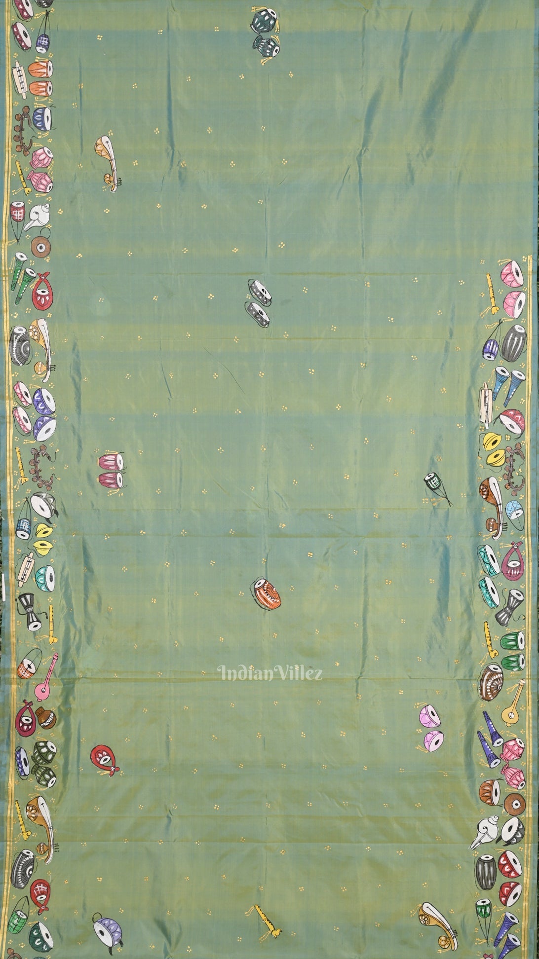 Parrot Green Dual Tone Sitar Instrument Hand-Painted Pattachitra Saree