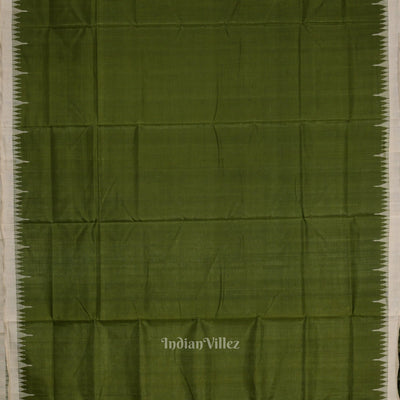 Mehendi Green White Hazar Buti Bomkai Tussar Silk Saree with Sarabandha Anchal
