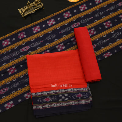 Navy Blue Red Pure Cotton Sambalpuri Dress Material & Dupatta