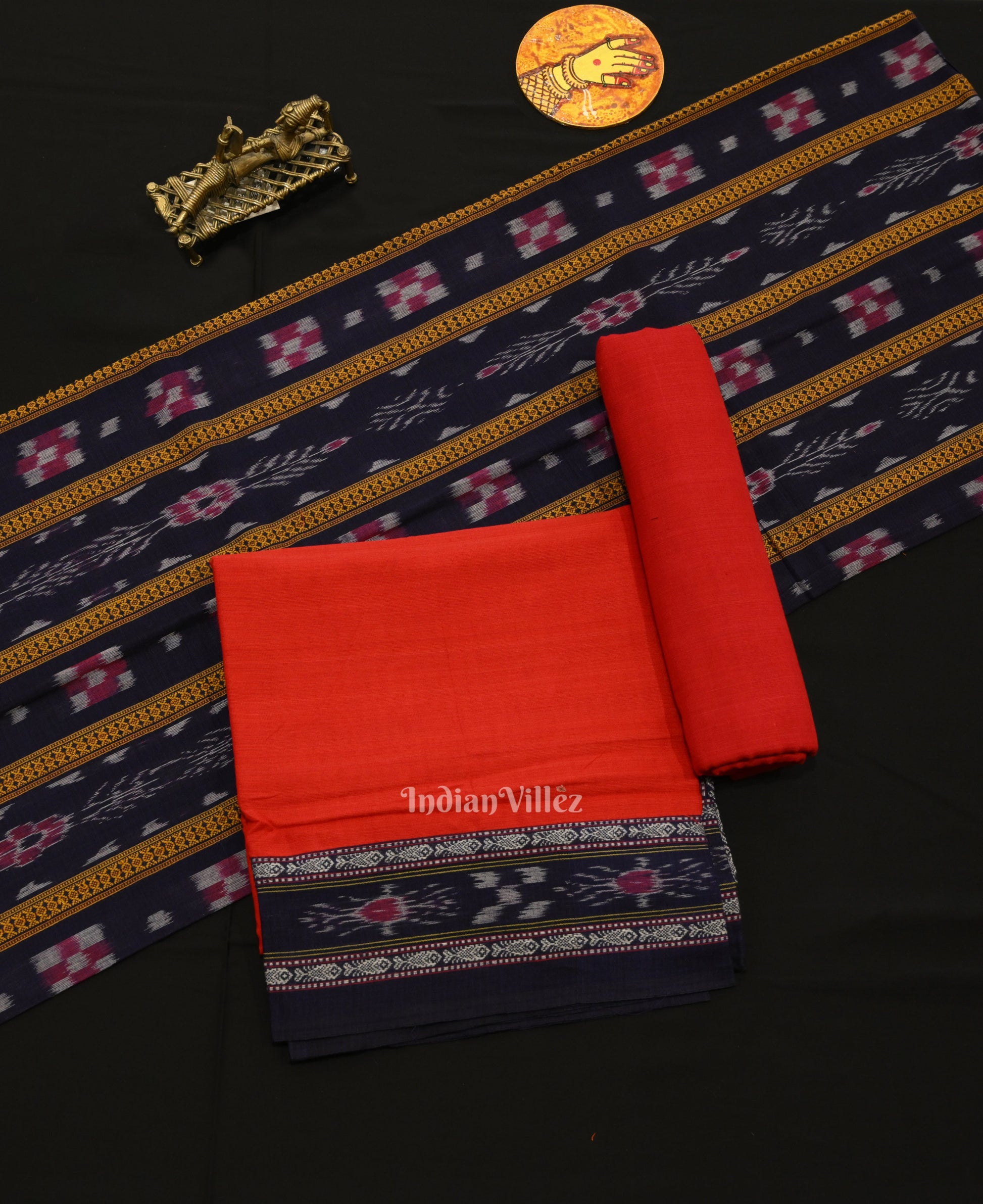 Navy Blue Red Pure Cotton Sambalpuri Dress Material & Dupatta