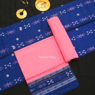 Blue Baby Pink Flower Buti Odisha Ikat  Sambalpuri Dress Set & Dupatta