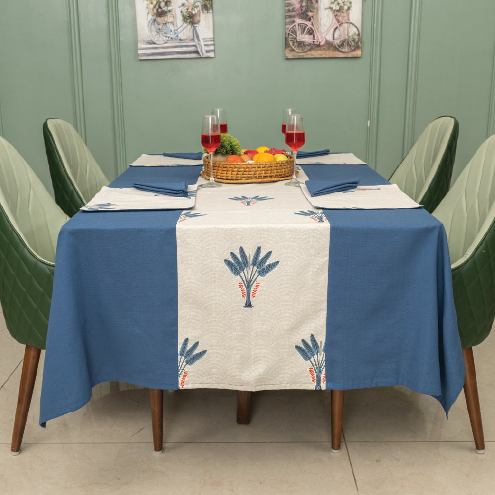 100% Cotton Dining table cover Combo - 1 Table Cloth, 4 reversible Placemats and 4 matching solid-colored Napkins - Palm Lagoon Indigo