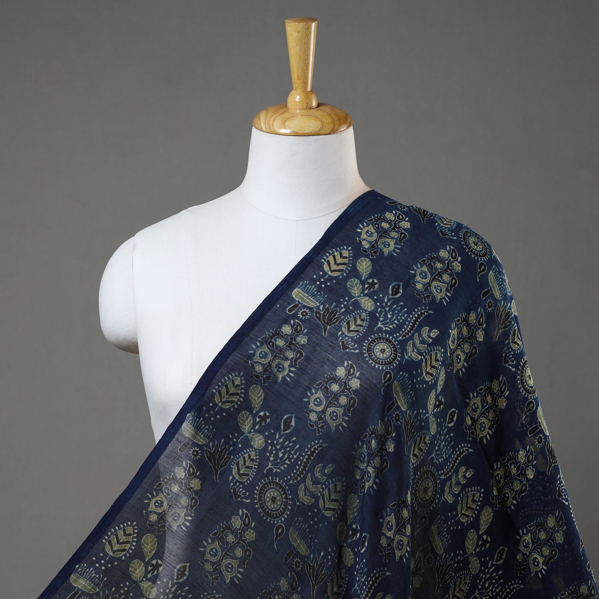 Blue - Ajrakh Block Printed Chanderi Silk Fabric 01